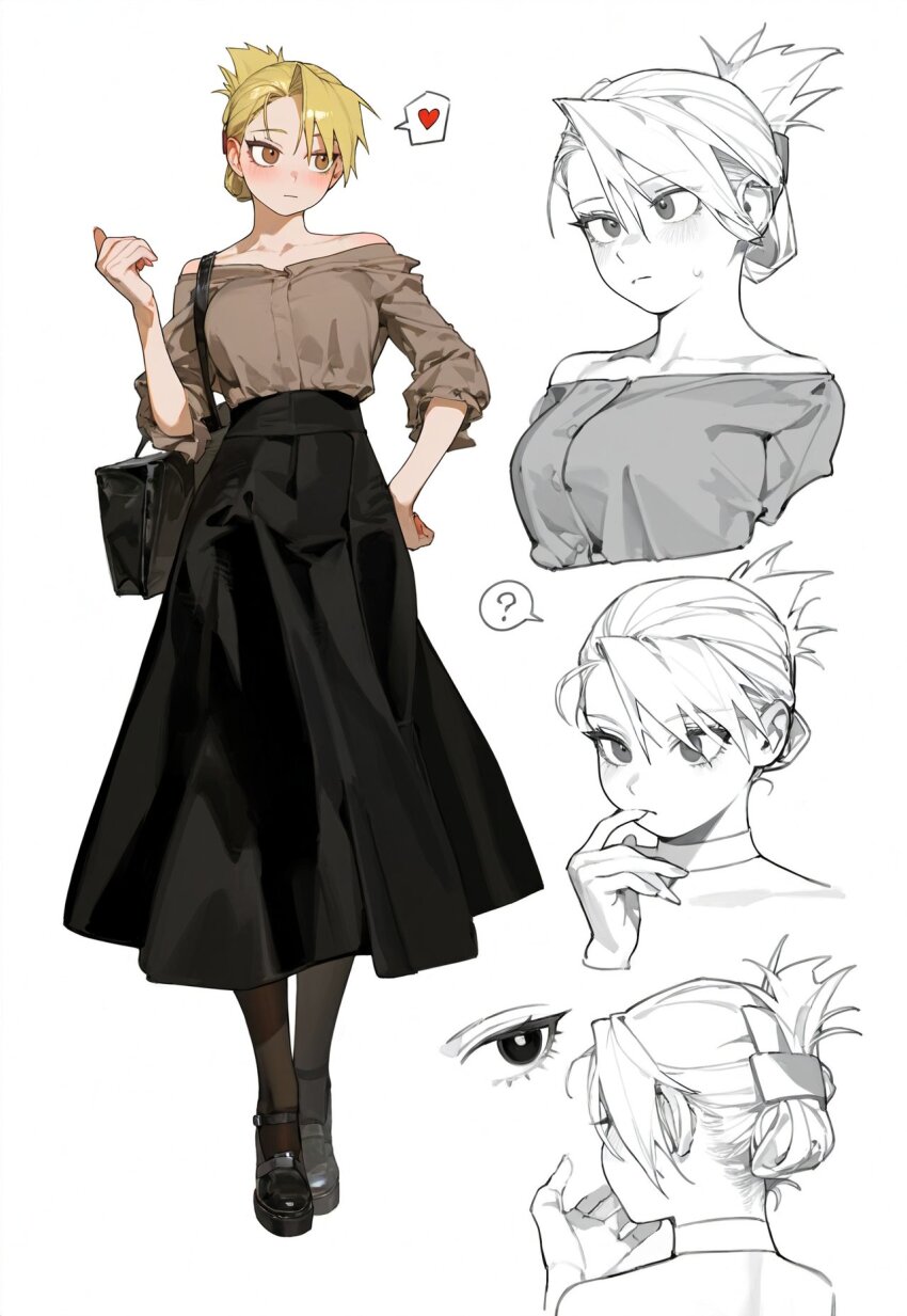 1girl bag blonde_hair blush brown_eyes eatsleep1111_(ai_chan_1111) folded_ponytail fullmetal_alchemist handbag highres long_skirt multiple_expressions off_shoulder riza_hawkeye simple_background skirt solo white_background