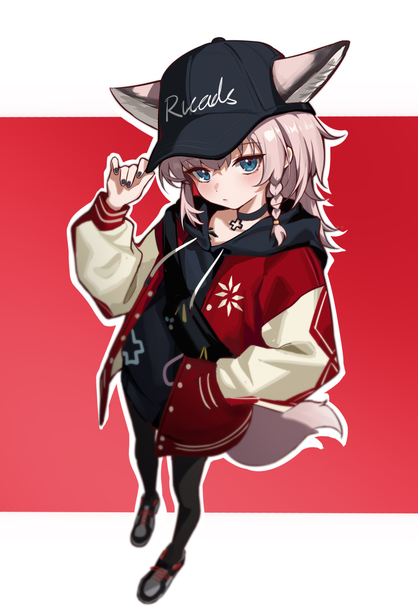 1girl absurdres alternate_costume amamiyayk animal_ear_fluff animal_ears arknights black_choker black_hat black_hoodie black_nails black_pantyhose black_shoes blue_eyes blush choker closed_mouth fox_ears fox_girl fox_tail hand_in_pocket hand_on_headwear hat highres hood hoodie jacket letterman_jacket looking_at_viewer pantyhose pink_hair red_jacket shoes solo sussurro_(arknights) tail white_sleeves