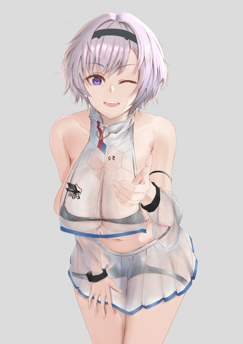 1girl absurdres azur_lane black_bra blouse bra breasts cheerleader crop_top crop_top_overhang detached_sleeves grey_background highres large_breasts leaning_forward light_purple_hair looking_at_viewer medium_hair midriff mippei navel official_alternate_costume one_eye_closed open_mouth purple_eyes reno_(azur_lane) reno_(biggest_little_cheerleader)_(azur_lane) see-through_clothes see-through_shirt see-through_skirt see-through_sleeves shirt simple_background skirt sleeveless sleeveless_shirt solo standing stomach two-tone_skirt underwear