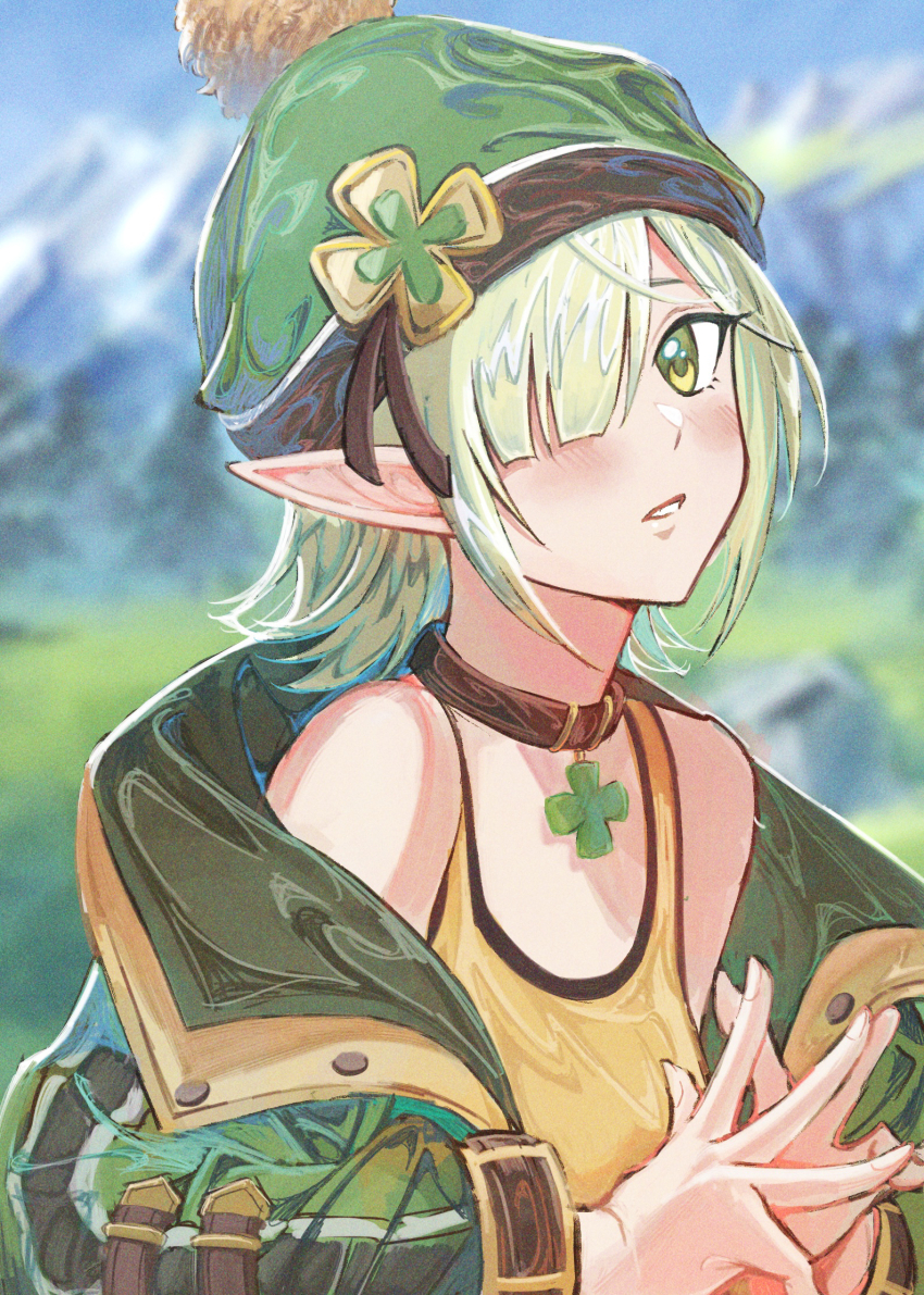 1girl aoi_(camp)_(princess_connect!) aoi_(princess_connect!) bare_shoulders beanie blurry blush breasts camisole choker commission depth_of_field edaori elf green_eyes green_hair hair_over_one_eye hat highres jacket looking_at_viewer open_clothes open_jacket outdoors own_hands_together parted_lips pointy_ears princess_connect! short_hair small_breasts solo steepled_fingers upper_body