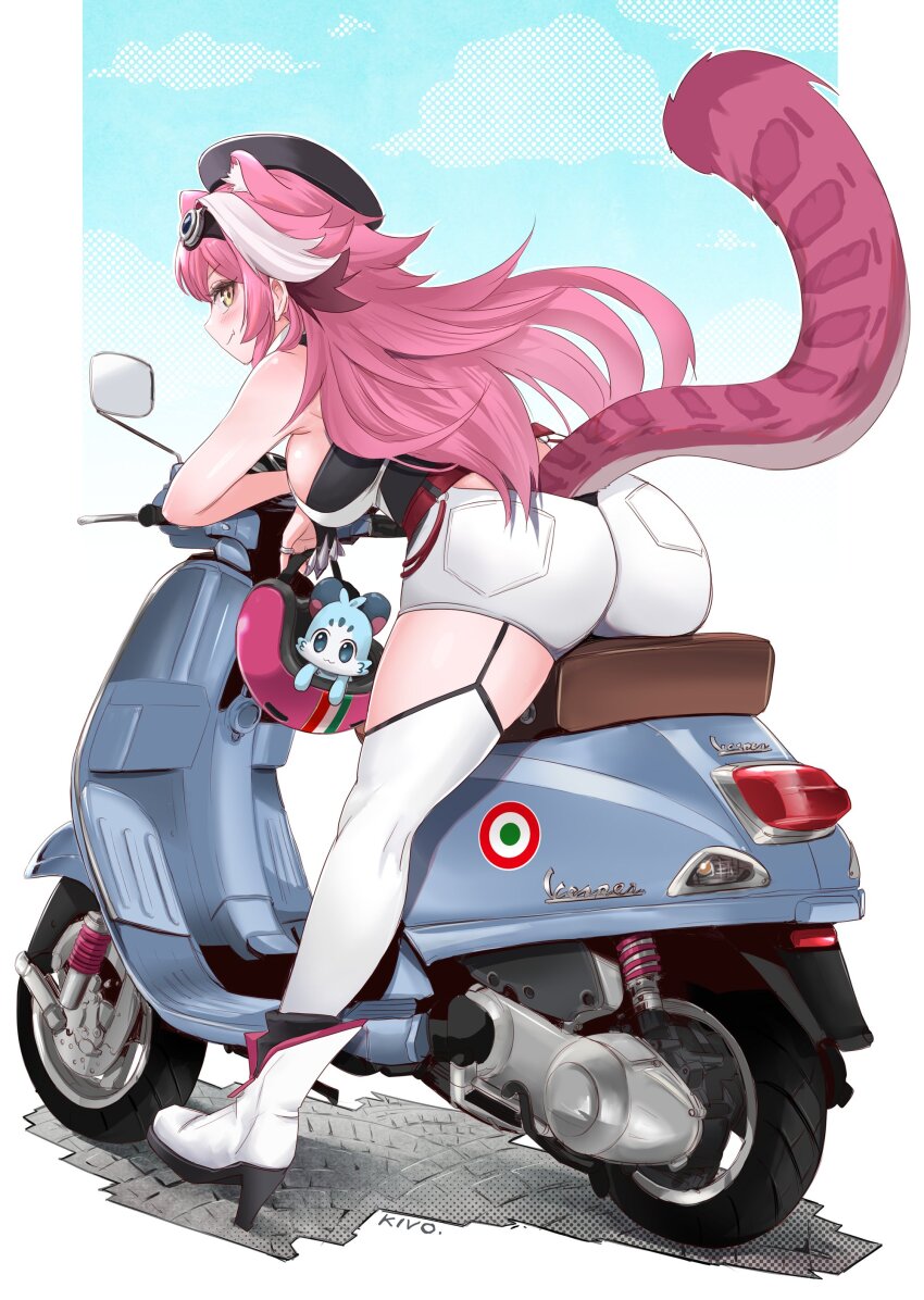 1girl absurdres animal_ear_fluff animal_ears ass ass_focus brand_name_imitation breasts elizabeth_rose_bloodflame elizabeth_rose_bloodflame_(1st_costume) goggles highres hololive hololive_english kivo long_hair looking_at_viewer motor_vehicle motorcycle multicolored_hair on_motorcycle open_mouth panther_ears panther_girl panther_tail pink_hair raora_panthera raora_panthera_(1st_costume) scooter short_shorts shorts smile solo streaked_hair tail vespa virtual_youtuber yellow_eyes