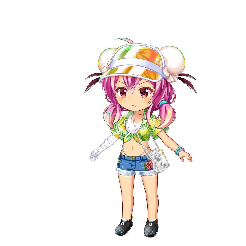 1girl :&lt; a-pose alternate_costume alternate_hairstyle angry bag bandaged_arm bandaged_chest bandages breasts bun_cover chibi chibi_only cleavage curvy double_bun floral_print flower frown full_body green_shirt hair_bun hat hibiscus hibiscus_print highres ibaraki_kasen large_breasts leaf_print monstera_deliciosa navel palm_leaf pink_eyes pink_flower pink_hair pink_rose red_flower rose rotte_(1109) seal_(animal) shirt shoes short_sleeves shorts solo sprite thick_thighs thighs tied_shirt touhou touhou_lostword transparent_bag v-shaped_eyebrows visor_cap
