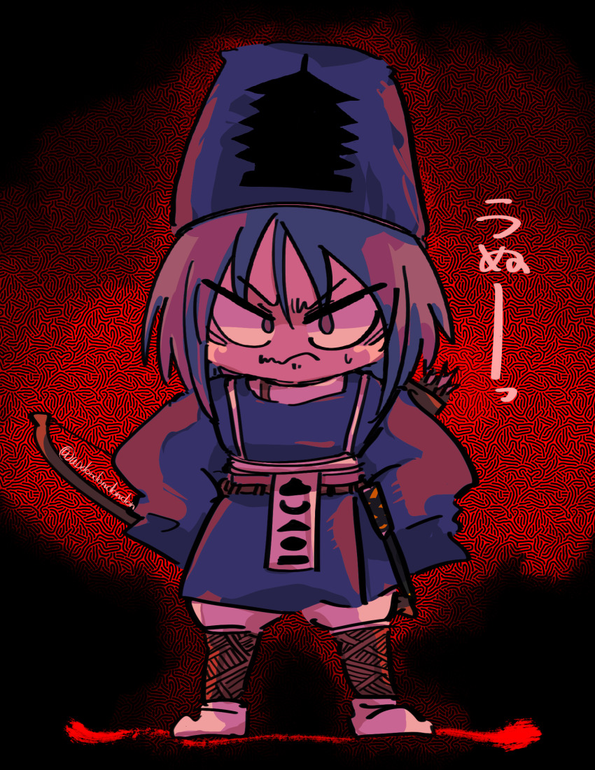 1other androgynous angry aodo_mikan baggy_pants black_background blue_hair blue_hat closed_mouth commentary_request fog frown full_body furrowed_brow hands_on_own_hips hat highres japanese_clothes kariginu kashiwagi_kaoru len&#039;en long_sleeves other_focus outline pagoda pants purple_eyes red_outline shirt shoes short_hair sleeves_past_fingers sleeves_past_wrists solo sweatdrop tate_eboshi translation_request v-shaped_eyebrows white_pants white_shirt white_shoes wide_sleeves