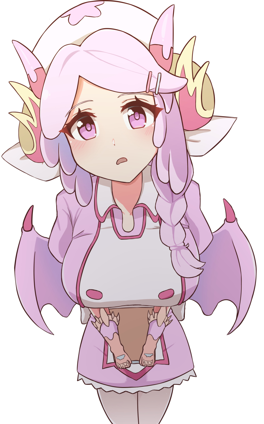 1girl absurdres blush braid breasts dragon_girl dragon_wings duel_monster hat highres horns large_breasts looking_at_viewer nurse nurse_cap nurse_dragonmaid panatisia pink_hair side_braid wings yu-gi-oh!