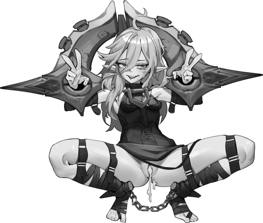 1girl absurdres bdsm belt bondage bound breasts briar_(league_of_legends) chen_zi cum cum_in_pussy cumdrip double_v female_focus full_body greyscale hair_between_eyes highres league_of_legends long_hair looking_at_viewer monochrome pointy_ears sharp_teeth sidelocks simple_background small_breasts smile solo squatting teeth toeless_footwear toenails toes v vampire wrist_cuffs
