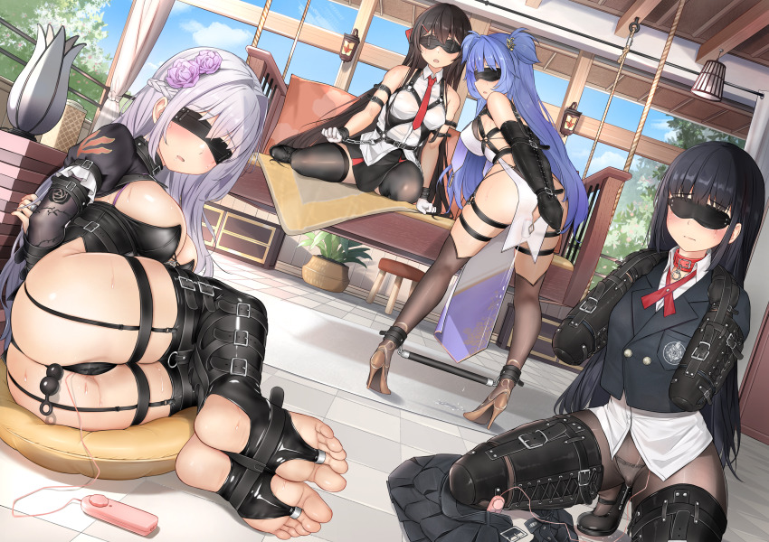 4girls ankle_cuffs armbinder arms_behind_back bdsm black_hair blindfold blue_hair bondage bondage_mittens bound bound_arms bound_legs breasts brown_hair chain collar commission cuffs epicary_radz flower gloves grey_hair hair_flower hair_ornament hairclip harness high_heels highres human_dog indoors kneeling large_breasts legbinder long_hair looking_at_viewer medium_breasts multiple_girls necktie original pantyhose pillow pixiv_commission red_necktie slave spreader_bar stirrup_legwear thighhighs toeless_legwear very_long_hair white_gloves