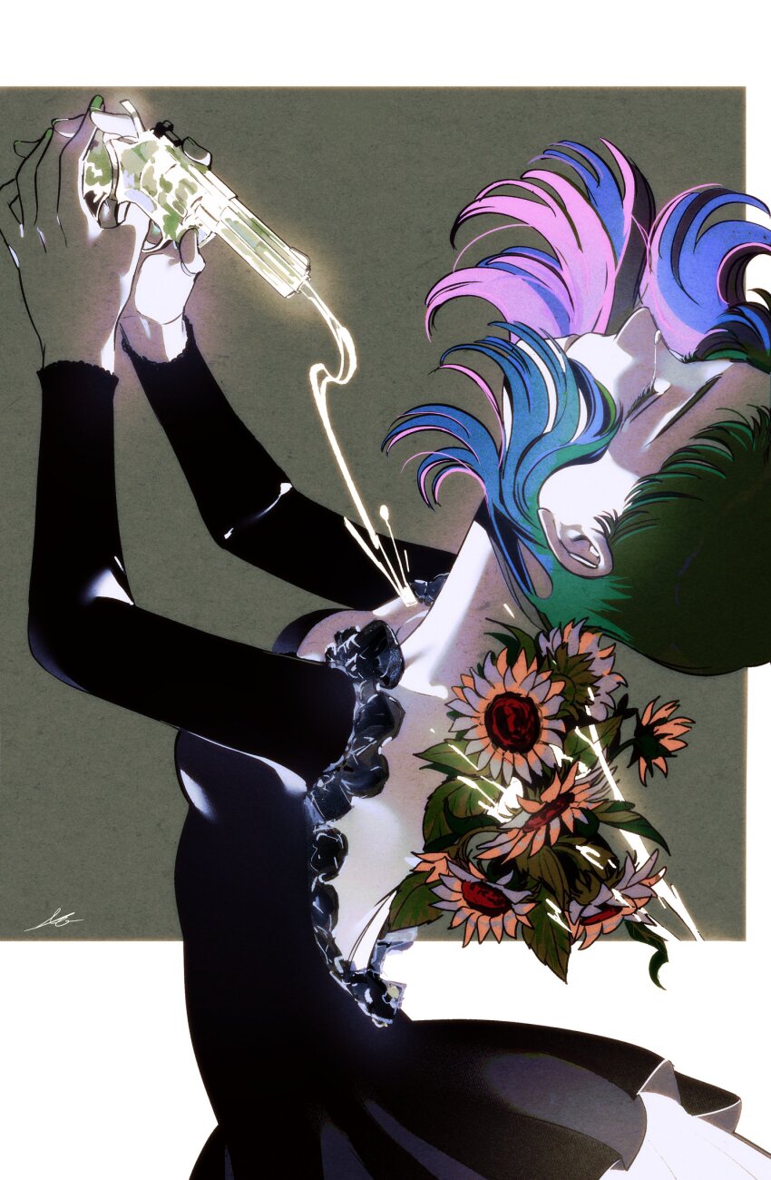 1girl arms_up backless_dress backless_outfit bare_shoulders black_dress blood breasts closed_eyes colored_eyelashes crying dress facing_up finger_on_trigger firing floating_hair flower from_side gun handgun highres holding holding_gun holding_weapon long_sleeves medium_breasts off-shoulder_dress off_shoulder original outstretched_arms profile revision shell_casing short_hair signature solo suicide sunflower toktin_zq upper_body visible_air weapon
