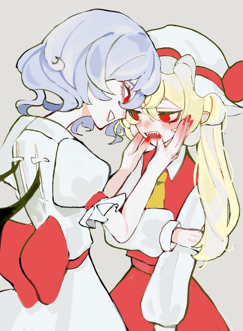 2girls ascot bat_wings blonde_hair blue_hair blush commentary dress fangs finger_in_another&#039;s_mouth flandre_scarlet grey_background hand_on_own_arm hat highres long_hair long_sleeves mashi_(pixiv_zcjd2538) medium_hair mob_cap multiple_girls nail_polish no_headwear open_mouth parted_lips red_nails red_skirt red_vest remilia_scarlet shirt short_sleeves siblings side_ponytail skirt smile teeth touhou vampire vest white_dress white_shirt wings yellow_ascot