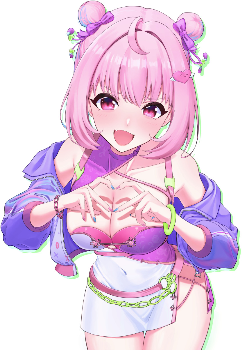1girl absurdres ahoge alternate_hairstyle armpit_peek bangle bare_shoulders belt blue_hair blue_jacket blue_nails border bow bracelet breasts chain china_dress chinese_clothes cleavage collarbone colored_inner_hair covered_navel double_bun dress earrings fang green_border hair_bow hair_bun hair_intakes hair_ornament heart heart_hair_ornament heart_hands highres holographic_clothing idolmaster idolmaster_cinderella_girls idolmaster_cinderella_girls_starlight_stage jacket jacket_partially_removed jewelry large_breasts leaning_forward legs light_blue_hair light_blush lips looking_at_viewer mintz912 multicolored_hair multicolored_nails nail_polish official_alternate_costume official_alternate_hairstyle open_mouth pink_belt pink_eyes pink_hair pink_nails purple_bow shadow simple_background smile solo standing thighs tight_clothes tight_dress two-tone_hair white_background wing_hair_ornament wrist_chain yumemi_riamu