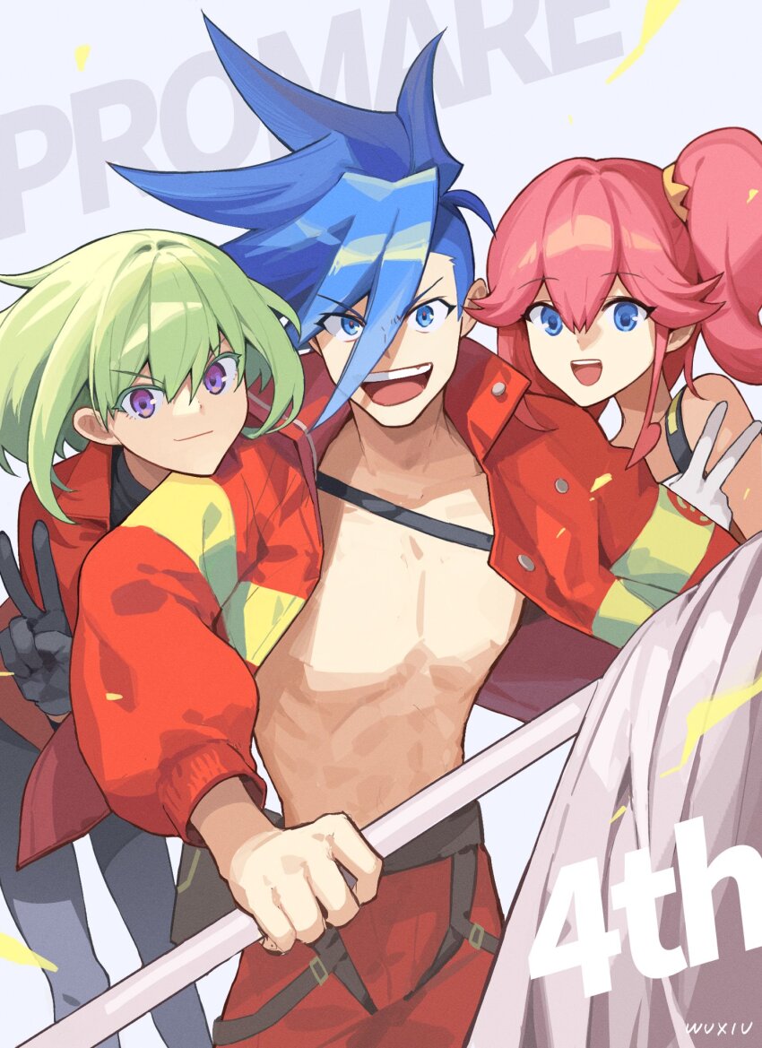 1girl 2boys :d aina_ardebit anniversary artist_name asymmetrical_hair black_gloves blue_eyes blue_hair copyright_name english_text firefighter_jacket galo_thymos gloves green_hair highres holding jacket leaning_forward leaning_on_person lio_fotia matoi multiple_boys muscular muscular_male no_shirt open_mouth pants pink_hair promare purple_eyes red_jacket red_pants short_hair side_ponytail sidecut sidelocks smile trap undercut v v-shaped_eyebrows white_background white_gloves xiu_xxx_wu