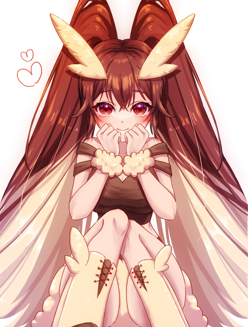 1girl absurdres bare_shoulders blonde_hair blush boots breasts brown_hair brown_shirt cleavage closed_mouth crop_top crossed_bangs female_focus gen_4_pokemon hands_up happy heart highres hoshimiya_aisu humanization knee_boots knees_together_feet_apart knees_up lace-up_boots large_breasts long_hair looking_at_viewer lopunny multi-strapped_shirt multicolored_hair nintendo off-shoulder_shirt off_shoulder pokemon red_eyes shirt sidelocks simple_background sitting smile solo straight-on twintails two-tone_hair very_long_hair white_background wrist_cuffs yellow_boots