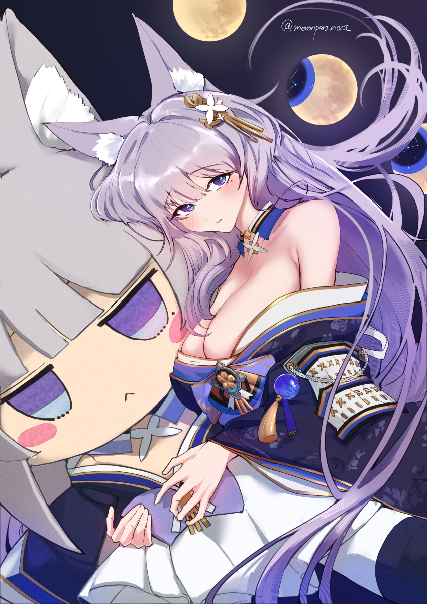 1girl absurdres animal_ear_fluff animal_ears azur_lane blue_kimono breasts character_doll cleavage fox_ears fox_girl grey_hair highres japanese_clothes kimono kitsune large_breasts nocturnal_melonpan purple_eyes shinano_(azur_lane) solo stuffed_toy