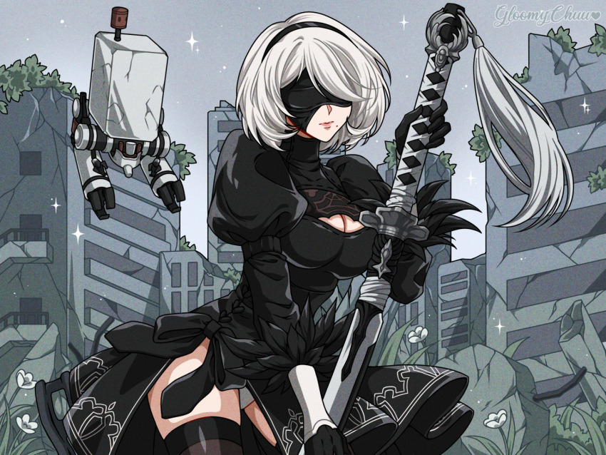 1girl 2b_(nier:automata) artist_name black_dress black_gloves black_hairband black_thighhighs blindfold bob_cut breasts city cleavage cleavage_cutout clothing_cutout cowboy_shot dress faux_retro_artstyle gloves grey_hair hair_over_one_eye hairband highres holding holding_sword holding_weapon juliet_sleeves long_sleeves medium_breasts mole mole_under_mouth mroczniak_(gloomy_chuu) nier:automata nier_(series) panties pod_(nier:automata) puffy_sleeves retro_artstyle robot ruins short_hair side_slit sword thighhighs turtleneck turtleneck_dress underwear weapon white_panties