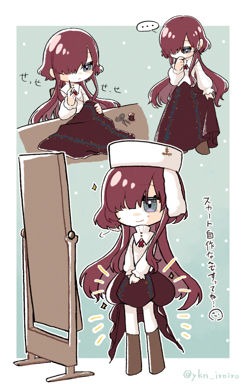 ... 1girl absurdres aqua_background blue_eyes boots brown_footwear covered_eyes cross_tie deformed fur_hat hair_over_one_eye hand_on_own_chin hat highres holding holding_needle knee_boots long_hair long_skirt long_sleeves looking_at_object mirror multiple_views needle own_hands_together pants pants_under_skirt puffy_long_sleeves puffy_sleeves red_hair reverse:1999 scissors sewing sewing_needle shirt sitting skirt skirt_hold smile spoken_ellipsis standing translation_request ushanka white_hat white_pants white_shirt yenisei_(reverse:1999) yukine_(ykn_iroiro)