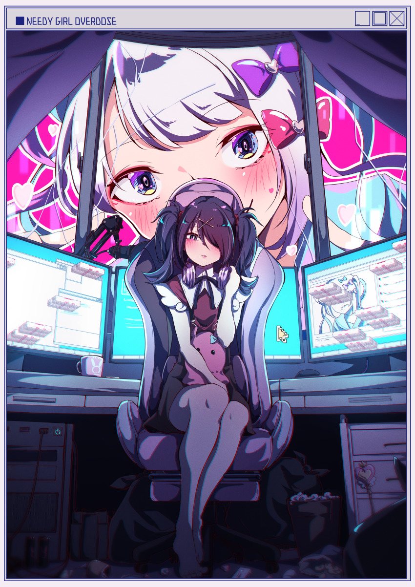 absurdres ame-chan_(needy_girl_overdose) ash_(shikkoku_no_tsubasa) barefoot black_ribbon blue_hair bow chair chouzetsusaikawa_tenshi-chan coffee_mug computer cup drill_hair energy_drink gaming_chair hair_bow hair_ornament hairpin headset headset_removed heart highres internet looking_at_viewer monitor computer_mouse mug multicolored_hair needy_girl_overdose pill pill_bottle pink_hair ribbon short_hair short_sleeves sitting skirt stuffed_animal stuffed_toy suspender_skirt suspenders swivel_chair trash trash_bag trash_can twin_drills white_hair