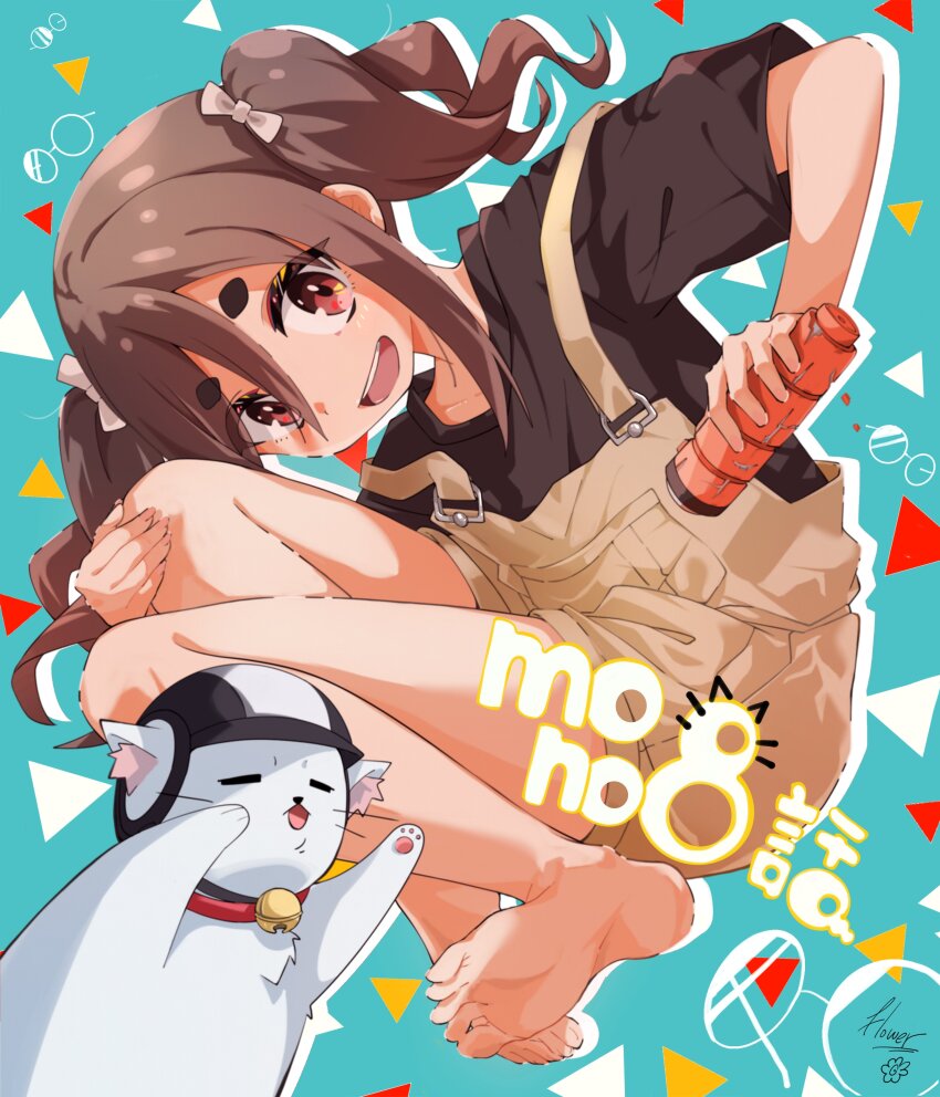 1girl absurdres animal animal_hands aqua_background avarangers barefoot bell black_shirt bow brown_hair brown_overalls cat commentary copyright_name flashlight full_body hair_between_eyes hair_bow hand_on_own_knee helmet highres holding holding_flashlight jingle_bell kiriyama_an knees_up mono_(afro) neck_bell neck_collar overall_shorts overalls red_eyes shirt short_sleeves sidelocks t-shirt taishou_(mono) teeth thighs translated triangle twintails upper_teeth_only wavy_hair white_bow white_cat