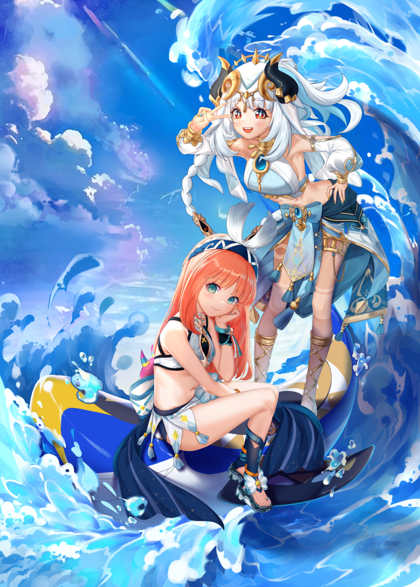 :d absurdres alternate_costume aqua_nails bare_shoulders blue_gemstone blue_hairband blue_sky blush braid closed_mouth comiket_105 commentary_request cosplay costume_switch crop_top day fake_horns fingernails from_side full_body gem genshin_impact gold_trim hairband hand_on_own_hip hand_up head_rest highres horns jewelry leaning long_hair long_sleeves looking_at_viewer looking_to_the_side mualani_(genshin_impact) mualani_(genshin_impact)_(cosplay) nail_polish navel nilou_(genshin_impact) nilou_(genshin_impact)_(cosplay) open_mouth outdoors parted_bangs pou_bao puffy_long_sleeves puffy_sleeves red_eyes red_hair shark simple_background sitting skirt sky smile stomach symbol-shaped_pupils tan tanline teeth thighlet toenail_polish toenails upper_teeth_only v veil very_long_hair water waves white_background white_hair white_skirt white_veil