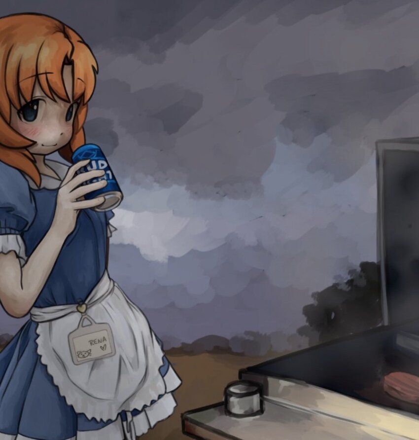 1girl alcohol apron beer beer_can blue_eyes blush bud_light can cloud cloudy_sky commentary dress drink drink_can english_commentary grill highres higurashi_no_naku_koro_ni holding holding_can looking_at_viewer medium_hair name_tag orange_hair outdoors ryuuguu_rena short_sleeves sky smile solo waist_apron waitress zoolpal