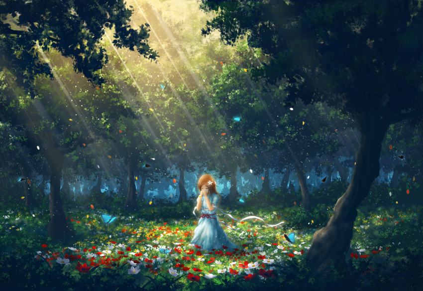 1girl au_ito blue_dress brown_hair bug bush butterfly closed_eyes commentary_request day dress dress_ribbon field flower flower_field forest grass hair_flower hair_ornament hands_on_own_face hands_up highres insect kneeling light_particles light_rays long_dress long_hair nature original parted_bangs plant red_flower red_ribbon ribbon scenery shadow short_sleeves solo sunbeam sunlight tree white_flower white_ribbon wide_sleeves yellow_flower