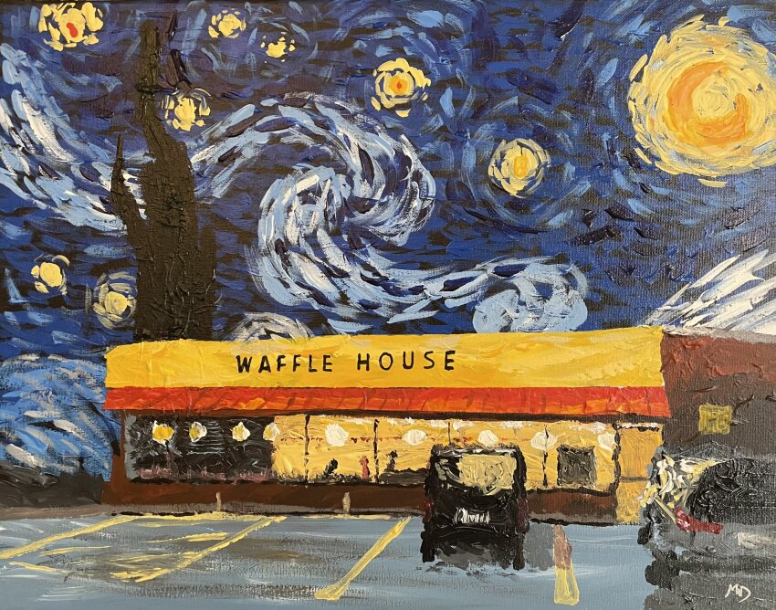 acrylic_paint_(medium) car crescent_moon door english_text full_moon highres impressionism matt_dawson moon motor_vehicle night night_sky no_humans outdoors painting_(medium) parking_lot parody photo_(medium) scenery signature sky star_(sky) starry_night_(van_gogh) traditional_media waffle_house window