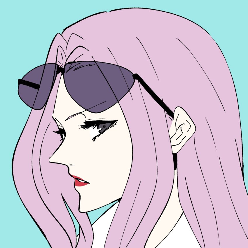 1girl blue_background close-up detective_0414 eyelashes eyewear_on_head highres hina_(one_piece) long_hair looking_at_viewer one_piece pink_hair profile red_lips sidelocks simple_background solo