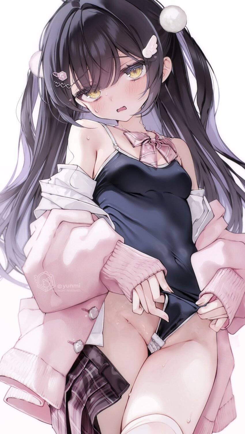 1girl black_hair black_one-piece_swimsuit blush bow bowtie breasts cardigan clothes_pull commentary_request covered_navel groin highres long_hair looking_at_viewer one-piece_swimsuit one-piece_swimsuit_pull open_cardigan open_clothes open_mouth open_skirt original pink_cardigan skirt small_breasts solo sweat swimsuit swimsuit_under_clothes thighhighs two_side_up undressing yunmi_0527
