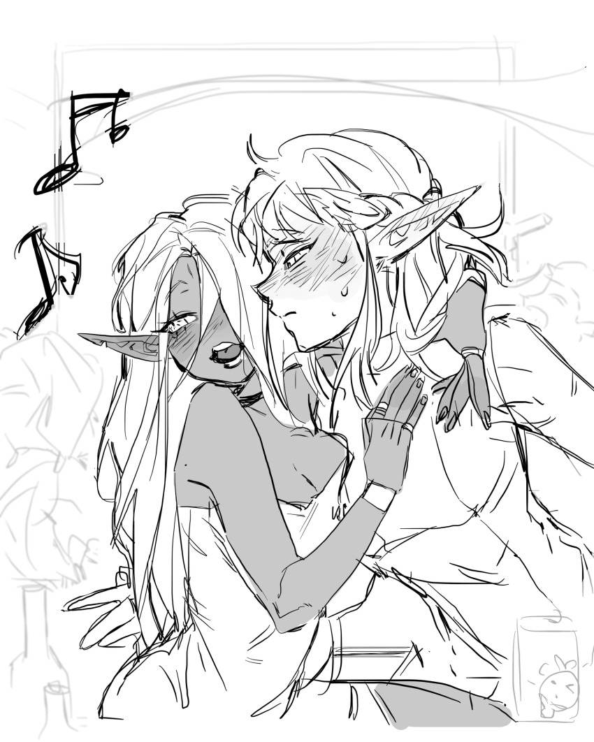 2girls arm_around_neck beamed_sixteenth_notes blush bracelet braid breasts cithis cleavage dark-skinned_female dark_skin dungeon_meshi eighth_note elf hair_over_one_eye half_up_braid highres jewelry kazari_2001 monochrome multiple_girls musical_note open_mouth pattadol pointy_ears ring sketch yuri