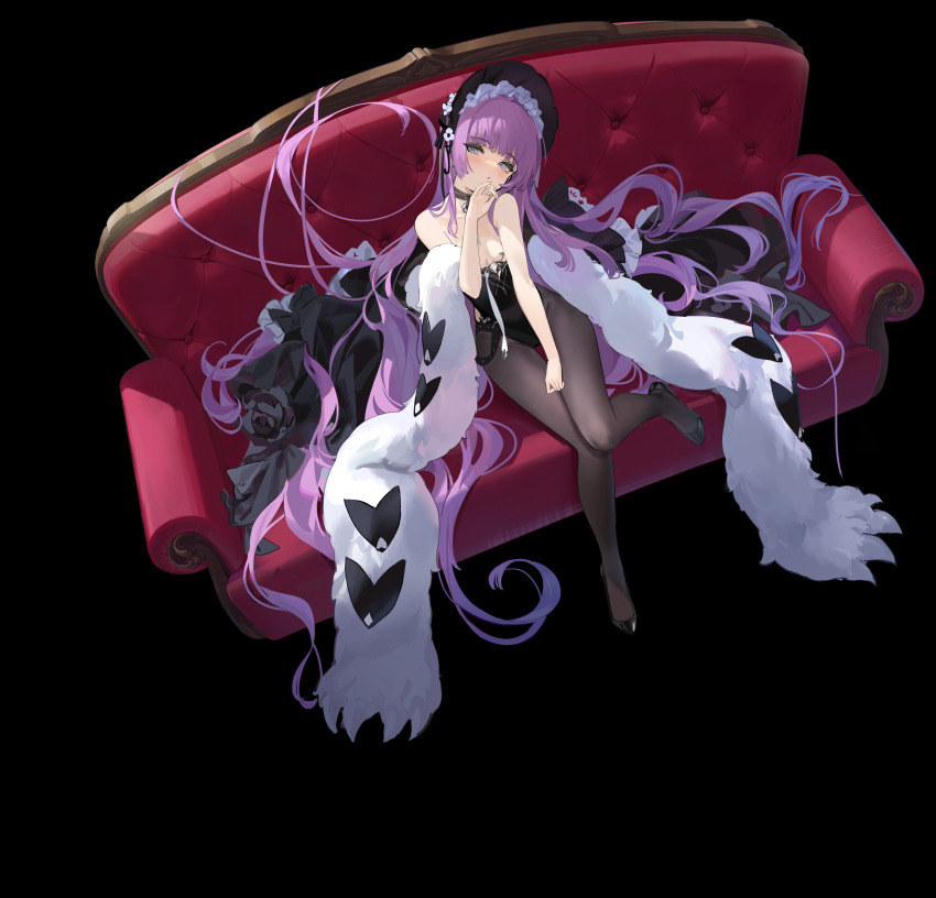 1girl absurdly_long_hair artist_request azur_lane bare_shoulders black_choker black_flower black_leotard black_pantyhose black_shoes blue_eyes blunt_bangs blush bonnet bow breasts check_artist choker cleavage coat collarbone couch feather_boa flower frills from_above full_body fur_coat fur_trim hair_flowing_over hair_spread_out hand_up hat head_tilt highleg highleg_leotard highres kincora legs leotard long_hair looking_at_viewer non-web_source official_art on_couch pantyhose parted_lips playboy_bunny purple_hair ribbon rose shoes sidelocks simple_background sitting small_breasts solo strapless strapless_leotard tashkent_(azur_lane) tashkent_(the_sprite&#039;s_snapshot)_(azur_lane) transparent_background very_long_hair