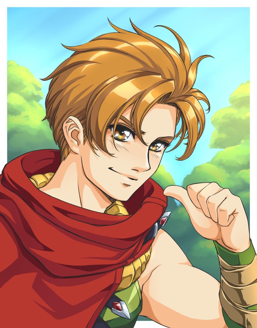 1990s_(style) 1boy blue_sky border brown_eyes brown_hair closed_mouth commentary fire_emblem fire_emblem:_the_blazing_blade highres light_smile looking_at_viewer male_focus matthew_(fire_emblem) mixed-language_commentary nintendo pointing pointing_at_self red_scarf retro_artstyle scarf short_hair sirknightbot sky solo tree upper_body white_border
