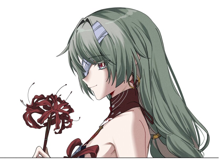 1girl bandage_over_one_eye bare_shoulders bright_pupils closed_mouth commentary earrings english_commentary flower from_side grey_eyes grey_hair highres holding holding_flower jewelry long_hair looking_at_viewer phrolova_(wuthering_waves) pokarii_zuu sideways_glance smile solo spider_lily white_pupils wuthering_waves