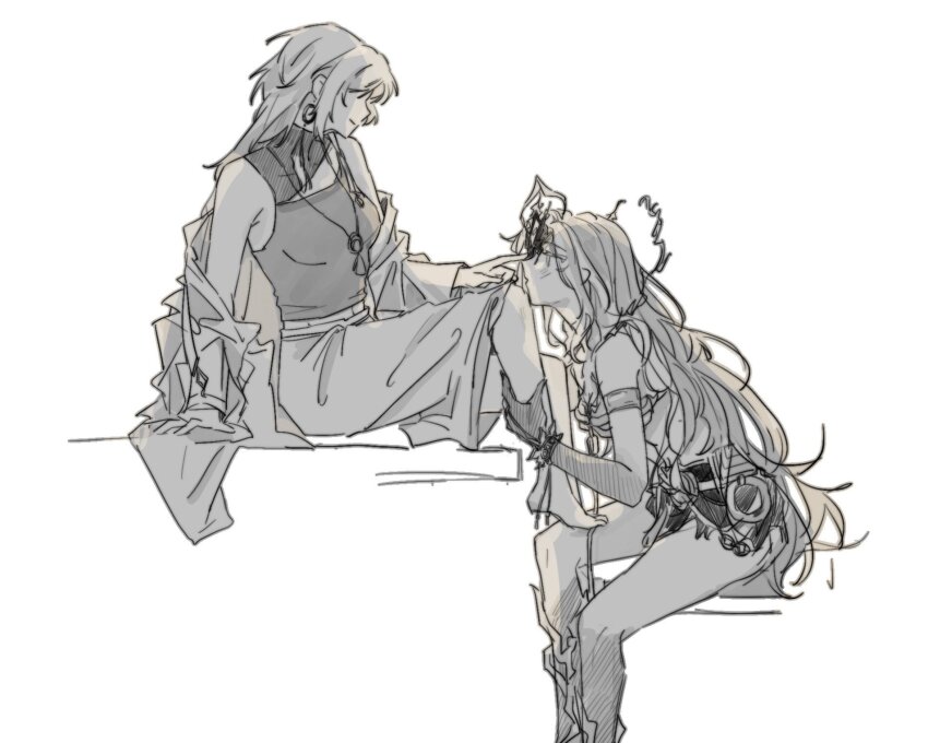 2girls bare_legs barefoot blush closed_mouth du_ruo_(path_to_nowhere) earrings finger_to_another&#039;s_nose from_side gradient_skin greyscale hand_on_another&#039;s_leg highres jewelry long_hair looking_at_another monochrome multiple_girls necklace path_to_nowhere profile shirt sitting skirt sleeveless sleeveless_shirt smile tooong4 yao_(path_to_nowhere) yuri