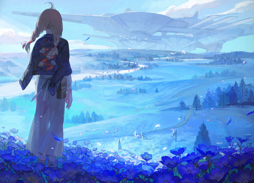1girl animal antenna_hair bird boots braid building child cloud cloudy_sky commentary_request fantasy floral_print flower from_behind hair_ornament highres holding_person huge_filesize jacket jacket_on_shoulders kumomachi long_sleeves nemophila_(flower) original petals pouch purple_flower river running scenery sky solo_focus standing tree twin_braids valley wide_shot wind