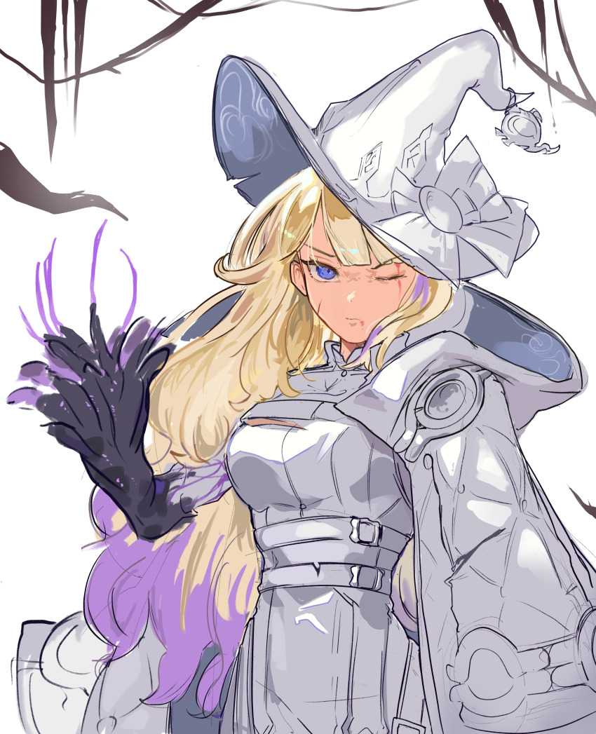 1girl absurdres blonde_hair blood breasts coat diabellze_the_original_sinkeeper duel_monster hat highres injury large_breasts looking_at_viewer nbee_ya one_eye_closed purple_hair white_background white_coat witch witch_hat yu-gi-oh!