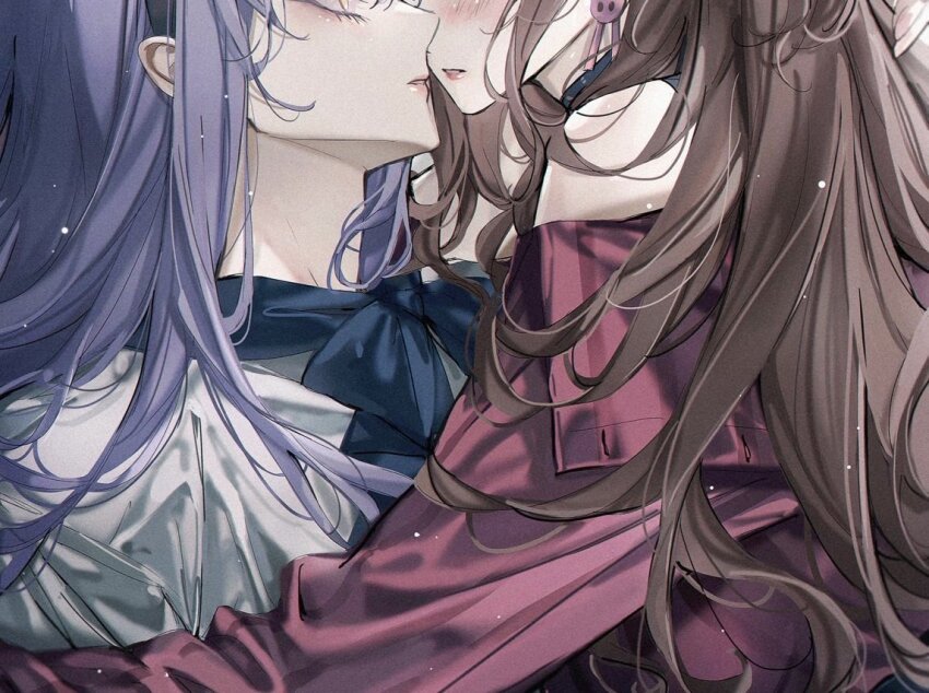 2girls bang_dream! black_choker black_hairband blackfangs brown_hair choker commentary hairband head_out_of_frame imai_lisa imminent_kiss long_hair minato_yukina multiple_girls parted_lips red_shirt shirt sidelocks symbol-only_commentary yellow_eyes yuri