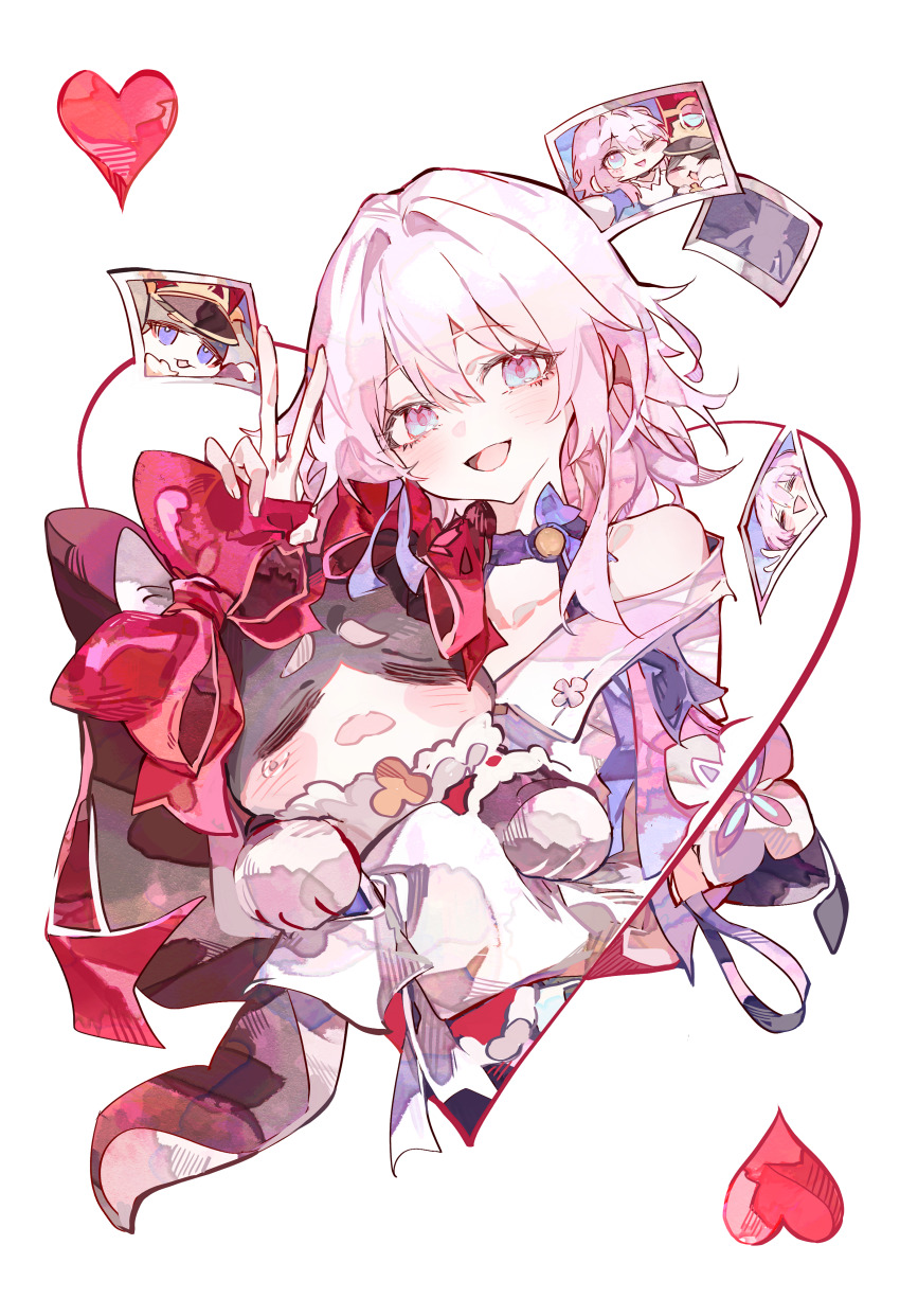 1girl :d absurdres arm_up bow cocoballking collarbone commentary_request hair_between_eyes heart heart_card highres honkai:_star_rail honkai_(series) long_hair looking_at_viewer march_7th_(honkai:_star_rail) march_7th_(preservation)_(honkai:_star_rail) multicolored_eyes open_mouth photo_(object) pink_hair pom-pom_(honkai:_star_rail) red_bow simple_background smile two-tone_eyes v white_background