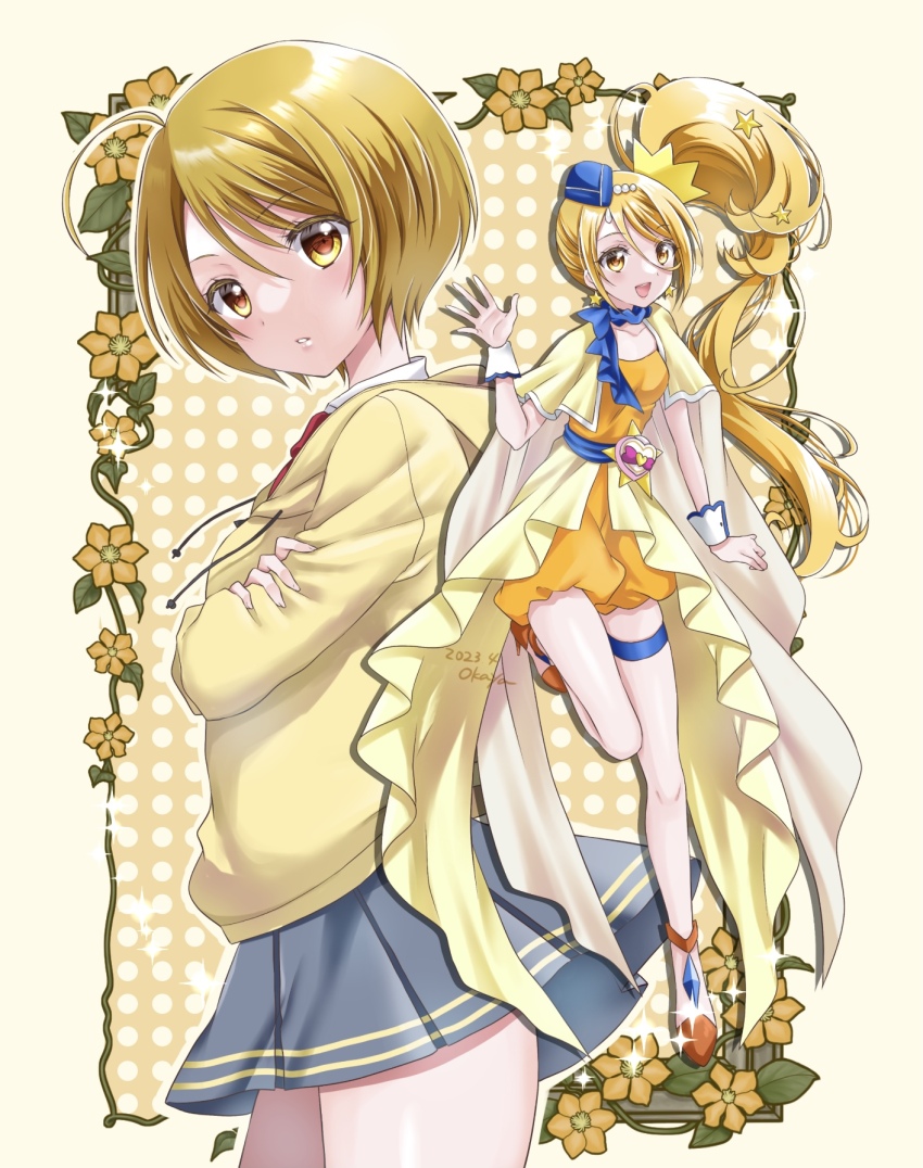 2girls ahoge artist_name blonde_hair blue_hat blue_sash blue_scarf cape closed_mouth commentary crossed_arms cure_etoile dated double_horizontal_stripe drawstring dress dress_shirt dual_persona earrings flower frown garrison_cap grey_skirt hair_ornament hat high_heels highres hood hood_down hoodie hugtto!_precure jewelry kagayaki_homare l&#039;avenir_academy_school_uniform leg_up long_hair looking_at_viewer miniskirt multiple_girls okayashi open_mouth orange_dress orange_shoes pleated_skirt pouch precure sash scarf school_uniform shadow shirt shoes short_dress short_hair showgirl_skirt side_ponytail signature skirt smile standing standing_on_one_leg star_(symbol) star_earrings star_hair_ornament thigh_strap very_long_hair waving white_shirt wrist_cuffs yellow_cape yellow_eyes yellow_hoodie