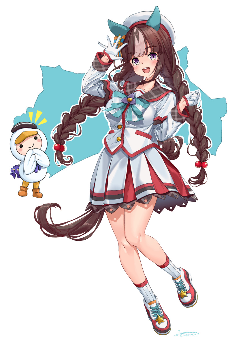 1girl absurdres animal_ears arm_up beret blush bow bowtie braid breasts brown_hair dated ear_bow ear_covers full_body gloves hair_bobbles hair_ornament half_gloves hat highres hokko_tarumae_(umamusume) horse_ears horse_girl horse_tail jacket long_hair long_sleeves medium_breasts notice_lines open_mouth purple_eyes round_teeth sagoromo_04 shoes signature skirt smile sneakers socks tail teeth tomachop twin_braids umamusume upper_teeth_only white_background white_gloves white_headwear white_jacket white_skirt white_socks