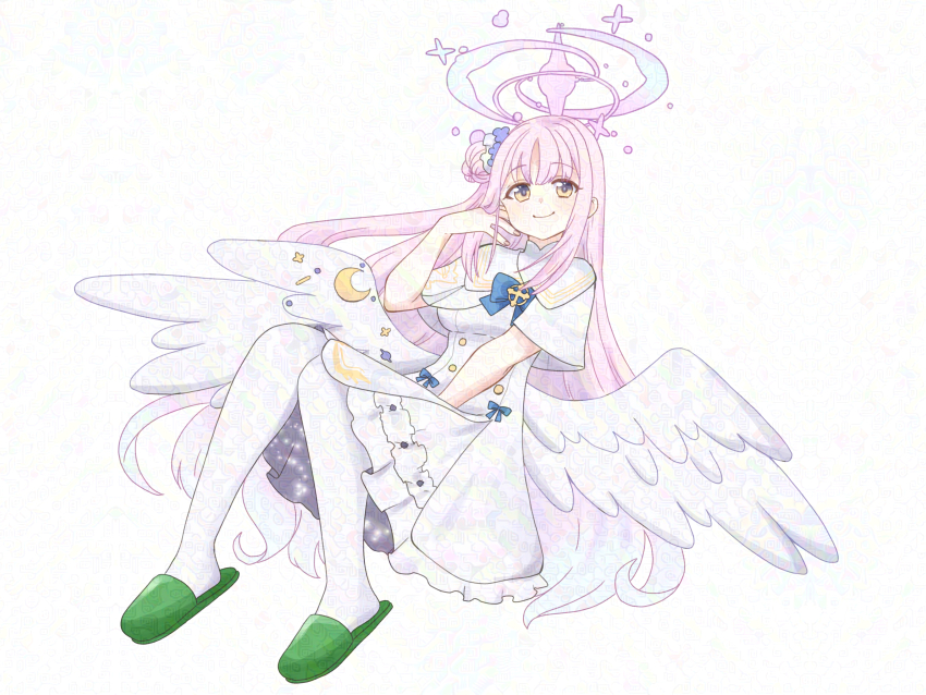 1girl absurdres angel angel_wings blue_archive closed_mouth dress green_slippers hair_bun halo highres long_hair looking_at_viewer mayoineko mika_(blue_archive) panties pink_hair slippers solo underwear white_background white_dress white_panties wings