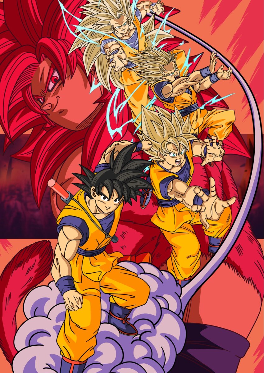 1boy black_hair blonde_hair body_fur commentary dougi dragon_ball dragon_ball_daima electricity english_commentary flying_nimbus highres long_hair maju_(lthe2001) male_focus monkey_boy monkey_tail muscular muscular_male orange_pants orange_tunic pants red_fur saiyan solo son_goku spiked_hair super_saiyan super_saiyan_1 super_saiyan_2 super_saiyan_3 super_saiyan_4 tail tunic