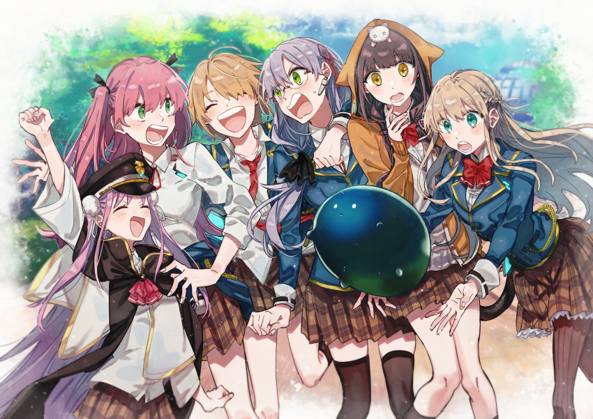 6+girls absurdres aikawa_megumi animal animal_hood animal_on_head aqua_eyes arm_around_shoulder arm_up asakura_karen_(heaven_burns_red) ascot black_cape black_hair black_headwear black_socks black_thighhighs blazer blonde_hair blue_jacket blunt_bangs blush bow bowtie braid brown_pantyhose brown_skirt cape clenched_hand closed_eyes clothes_around_waist collared_shirt earpiece glasses green_eyes grey_hair hair_ornament hair_over_one_eye heaven_burns_red highres hood hood_up izumi_yuki_(heaven_burns_red) jacket jacket_around_waist kanya_(asa_yake01) kayamori_ruka kneehighs kunimi_tama long_hair long_sleeves looking_at_another low-tied_long_hair multiple_girls narvy_(heaven_burns_red) neck_ribbon necktie on_head open_clothes open_jacket open_mouth orange_eyes orange_jacket pantyhose pink_hair plaid_clothes plaid_skirt pleated_skirt red_ascot red_bow red_bowtie red_necktie red_ribbon ribbon school_uniform shirt short_hair skirt sleeve_cuffs socks team_31a_(heaven_burns_red) thighhighs toujou_tsukasa twintails two_side_up upper_body very_long_hair white_shirt
