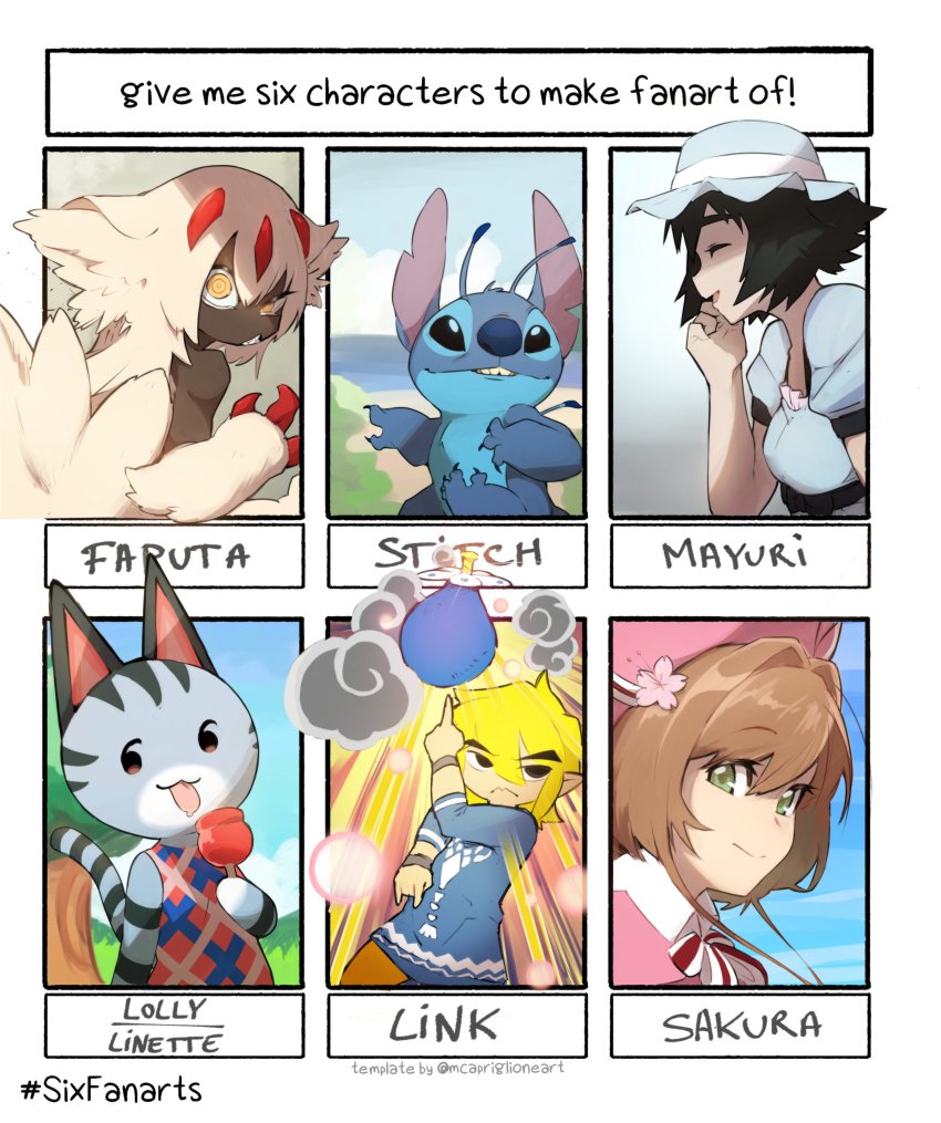 2boys 4girls :d :p absurdres animal_crossing animal_ears black_eyes black_hair blonde_hair blue_dress blue_headwear border brown_hair candy candy_apple cardcaptor_sakura cardcaptor_sakura_clear_card_arc cat_ears cat_tail character_name claws closed_mouth colored_skin creature dark-skinned_female dark_skin doodlerush dress english_text faputa food green_eyes grey_skin hair_between_eyes hair_intakes hashtag hat highres holding holding_candy holding_food index_finger_raised jojo_pose jojo_reference kinomoto_sakura kinomoto_sakura_(silk_ribbon) lilo_&amp;_stitch link lolly_(animal_crossing) looking_at_viewer made_in_abyss medium_hair monster_girl multiple_boys multiple_drawing_challenge multiple_girls multiple_tails nintendo open_mouth original pink_headwear profile puffy_short_sleeves puffy_sleeves ringed_eyes shiina_mayuri short_sleeves six_fanarts_challenge smile steins;gate stitch_(lilo_&amp;_stitch) tail the_legend_of_zelda the_legend_of_zelda:_the_wind_waker tongue tongue_out toon_link white_border white_hair yellow_eyes
