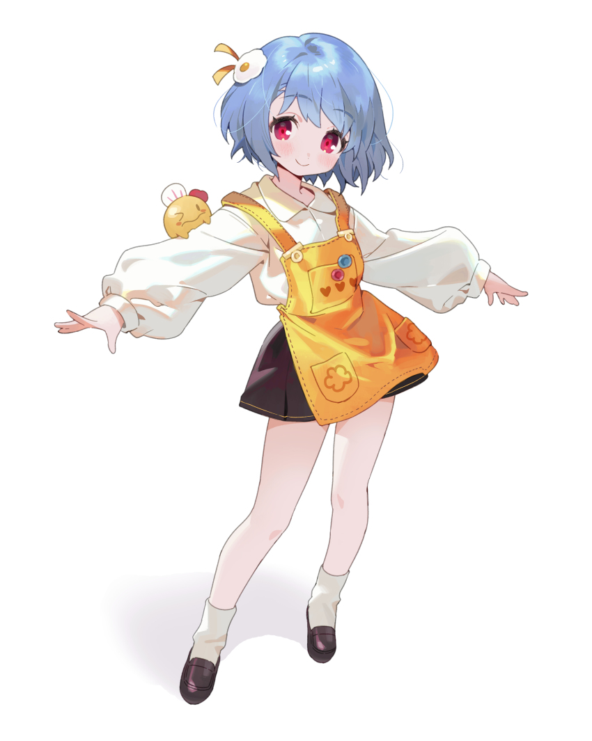 1girl absurdres apron black_skirt blue_hair blush blush_stickers brown_shoes chef_hat closed_mouth collared_shirt creature creature_on_shoulder egg_hair_ornament food-themed_hair_ornament fried_egg full_body hair_ornament hair_ribbon hat high-waist_skirt highres loafers long_sleeves looking_at_viewer on_shoulder one_eye_closed original outstretched_arms puffy_long_sleeves puffy_sleeves red_eyes ribbon seoji shirt shirt_tucked_in shoes short_hair skirt smile socks solo standing toque_blanche wavy_mouth white_hat white_shirt white_socks yellow_apron yellow_ribbon