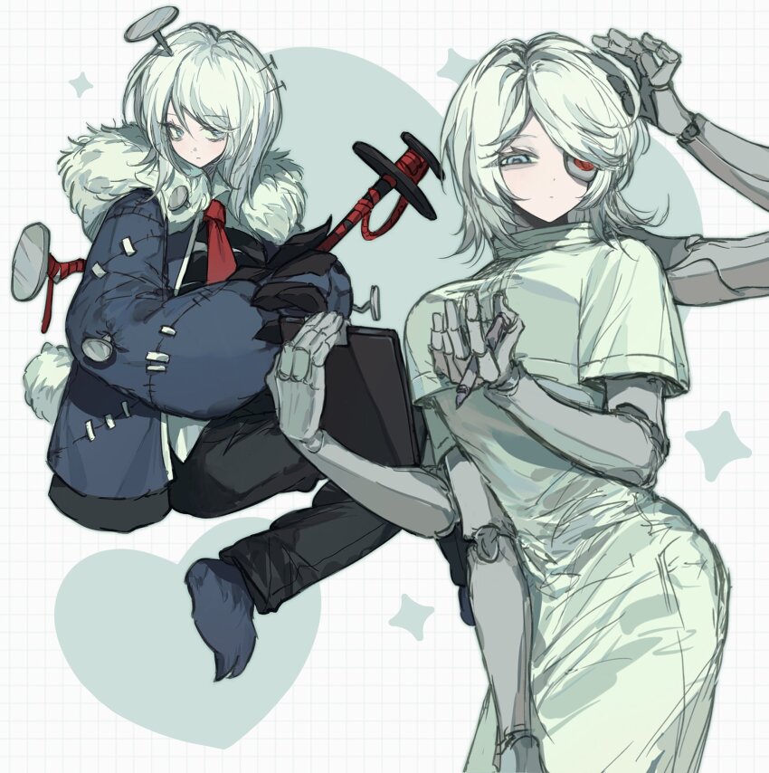2girls animal_feet anzekeye artificial_eye blue_eyes blue_jacket capelet claws dress dual_persona e.g.o_(project_moon) extra_arms faust_(project_moon) hex_nail_(e.g.o) highres jacket limbus_company looking_at_viewer mechanical_arms mechanical_eye multicrack_office_(identity)_(project_moon) multiple_girls nail_(hardware) necktie paw_sleeves project_moon red_necktie short_hair stitches white_capelet white_dress white_hair
