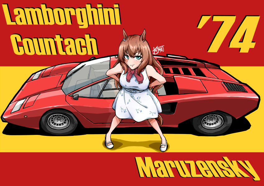 1girl absurdres animal_ears brown_hair character_name dress floral_print from_above green_eyes hair_between_eyes hands_on_own_hips highres horse_ears horse_girl horse_tail kaito_schumacher lamborghini lamborghini_countach long_hair looking_at_viewer maruzensky_(umamusume) red_background signature sleeveless sleeveless_dress solo tail two-tone_background umamusume vehicle_focus vehicle_name white_footwear wide_shot yellow_background