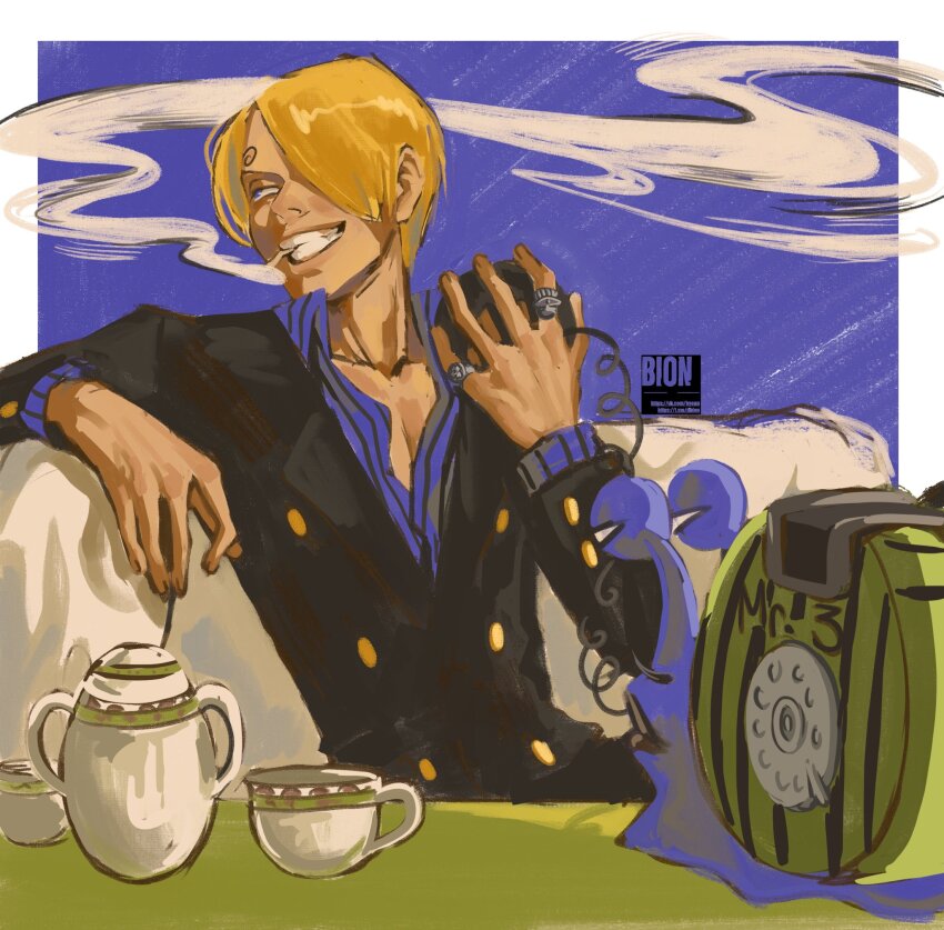 1boy black_suit blonde_hair blue_background blue_shirt cigarette collared_shirt commentary cup den_den_mushi facial_hair formal_clothes goatee hair_over_one_eye highres jewelry looking_to_the_side male_focus one_piece onex1x ring sanji_(one_piece) shirt sitting smile smoke solo striped_clothes striped_shirt suit symbol-only_commentary vertical-striped_clothes vertical-striped_shirt