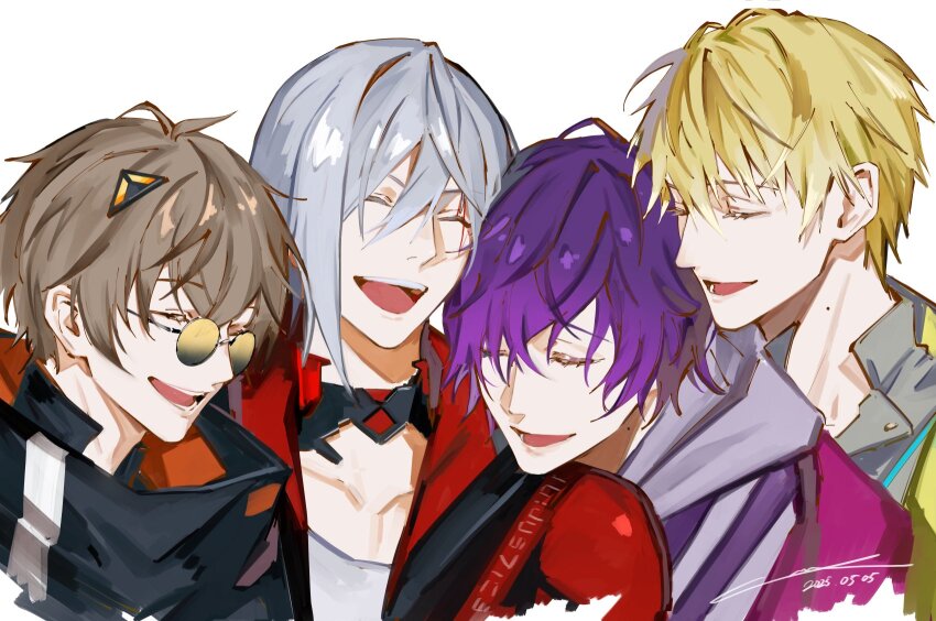 4boys alban_knox alban_knox_(1st_costume) blonde_hair brown_hair closed_eyes dated fulgur_ovid fulgur_ovid_(1st_costume) glasses grey_hair hair_between_eyes highres lam_(ramdayo) male_focus medium_hair mole mole_on_neck multiple_boys nijisanji nijisanji_en noctyx purple_hair short_hair simple_background smile sonny_brisko sonny_brisko_(1st_costume) uki_violeta uki_violeta_(1st_costume) virtual_youtuber white_background