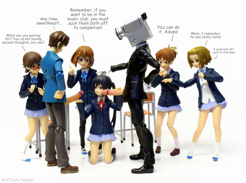 2boys 5girls bar_censor camera_man censored chair closed_eyes crossover desk figma hairband hand_on_head highres hirasawa_ui hirasawa_yui k-on! kneeling kyon lesson manabe_nodoka multiple_boys multiple_girls nakano_azusa object_head penis penis_grab photo_(medium) red-framed_eyewear revoltech school_desk school_uniform simple_background tainaka_ritsu text_focus toy white_background white_legwear yellow_hairband