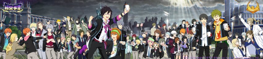 6+boys absurdres ahoge akai_suzaku akiyama_hayato akizuki_ryo akuno_hideo amagase_touma amamine_shu aoi_kyosuke aoi_yusuke asselin_bb_ii asymmetrical_bangs bandaid bandaid_on_face bandaid_on_nose beit_(idolmaster) belt black_gloves black_hair black_hairband black_pants blonde_hair blue_eyes bracelet brothers brown_hair c.first_(idolmaster) cafe_parade_(idolmaster) child cityscape closed_mouth collared_shirt crossed_arms cup cupcake dramatic_stars_(idolmaster) enjoji_michiru everyone f-lags_(idolmaster) fingerless_gloves fingernails food frame_(idolmaster) fuyumi_jun glasses gloves green_eyes green_hair green_headband grey_pants grey_shorts hairband hanamura_shoma hanazono_momohito hand_on_own_hip hazama_michio headband headphones headphones_around_neck heterochromia high_x_joker_(idolmaster) highres himeno_kanon holding holding_cup hood hoodie idolmaster idolmaster_side-m idolmaster_side-m_growing_stars ijuuin_hokuto iseya_shiki jewelry jupiter_(idolmaster) kabuto_daigo kaerre kagura_rei kashiwagi_tsubasa kimura_ryu kitamura_sora kiyosumi_kuro kizaki_ren koron_chris kurono_genbu kuzunoha_amehiko long_image long_sleeves maita_rui male_focus mayumi_eishin midriff_peek mitarai_shouta mizushima_saki mofumofuen_(idolmaster) mole mole_under_eye multicolored_hair multiple_boys necktie nekoyanagi_kirio official_art okamura_nao one_eye_closed open_mouth pants pierre_bichelberger pink_hair ponytail red_hair s.e.m_(idolmaster) sai_(idolmaster) sakaki_natsuki sakuraba_kaoru satan_(idolmaster) school_uniform selfie_stick shingen_seiji shinonome_soichiro shirt shoes shorts siblings smile stuffed_animal stuffed_frog stuffed_toy tachibana_shiro_(idolmaster) taiga_takeru takajo_kyoji teeth tendo_teru the_kogado_(idolmaster) tsukumo_kazuki tsuzuki_kei twins undone_necktie upper_teeth_only uzuki_makio wakazato_haruna watanabe_minori wide_image yamamura_ken yamashita_jiro yellow_hoodie