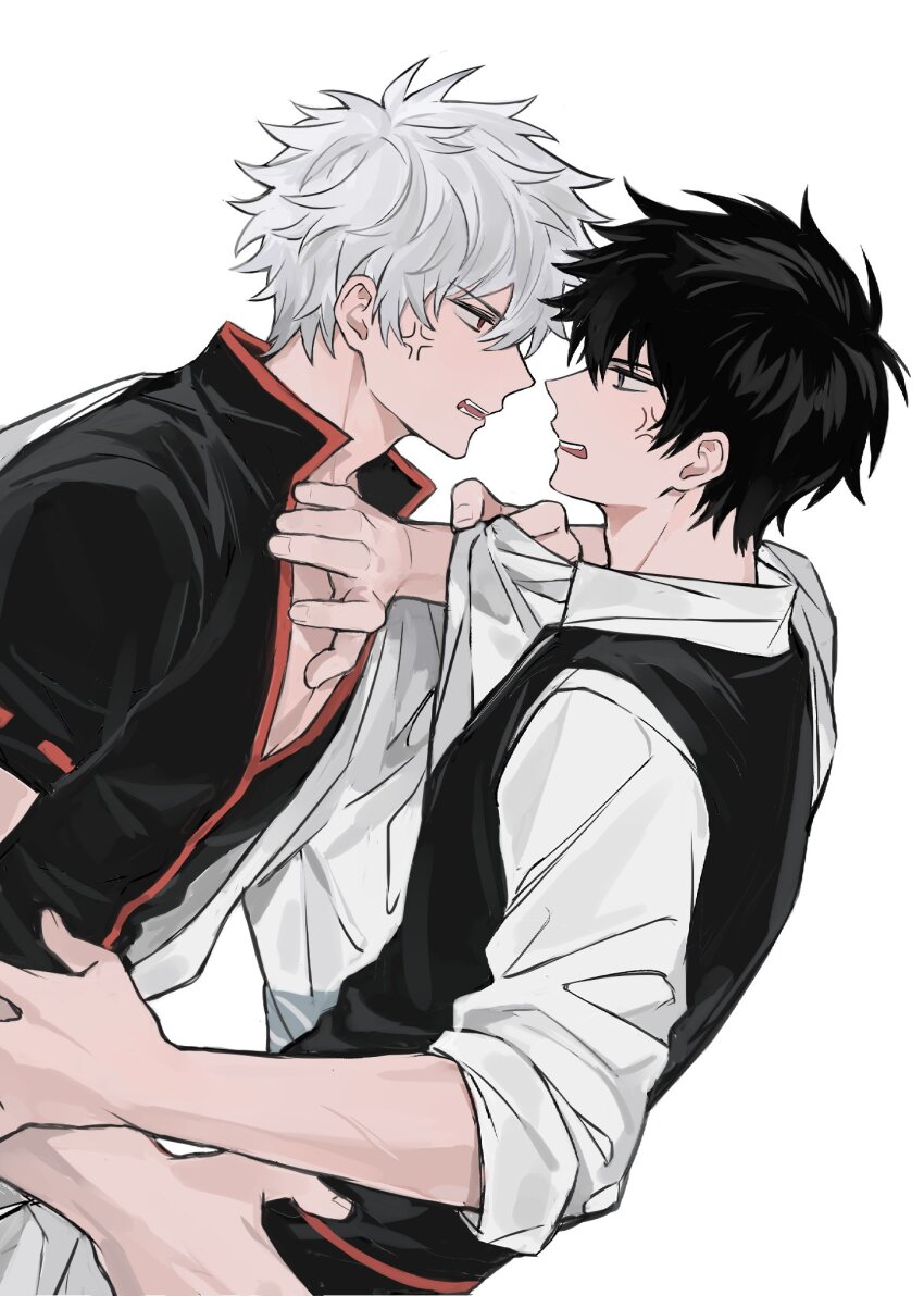 2boys anger_vein asymmetrical_clothes black_hair black_shirt black_vest clothes_grab collared_shirt commentary dutch_angle eye_contact gintama hashtag-only_commentary highres hijikata_toushirou jin_(zhaomu_u) looking_at_another male_focus multiple_boys open_mouth popped_collar profile sakata_gintoki shirt shirt_grab short_hair simple_background sleeves_rolled_up teeth upper_teeth_only vest white_background white_hair white_shirt