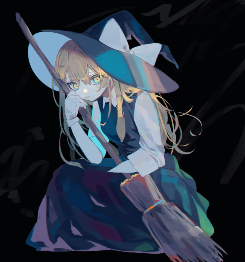 1girl absurdres black_background black_dress black_hat blonde_hair bow broom dress full_body gloves hat hat_bow highres holding holding_broom kirisame_marisa long_dress long_hair long_sleeves looking_at_viewer pinafore_dress shi_chimi shirt sitting sleeveless sleeveless_dress solo touhou white_bow white_gloves white_shirt witch_hat yellow_eyes